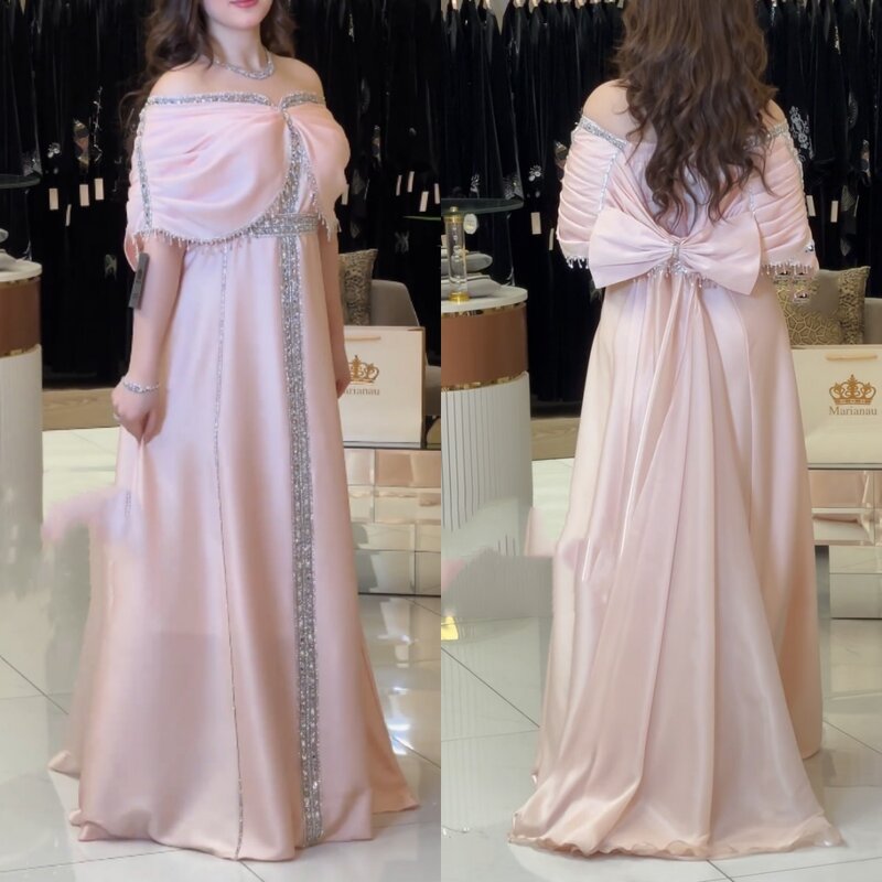 Sukienka balowa wieczorowa satynowa kokardka frędzle Rhinestone linia A Off-the-ramię suknia okazjonalna na zamówienie długie sukienki Arabia Saudyjska