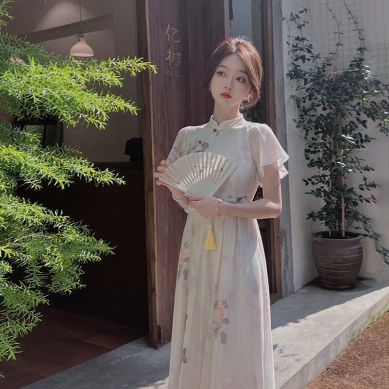 Gaun gaya China Ink Halo, Gaun panjang modis Cheongsam lengan pendek ditingkatkan dengan temperamen wanita