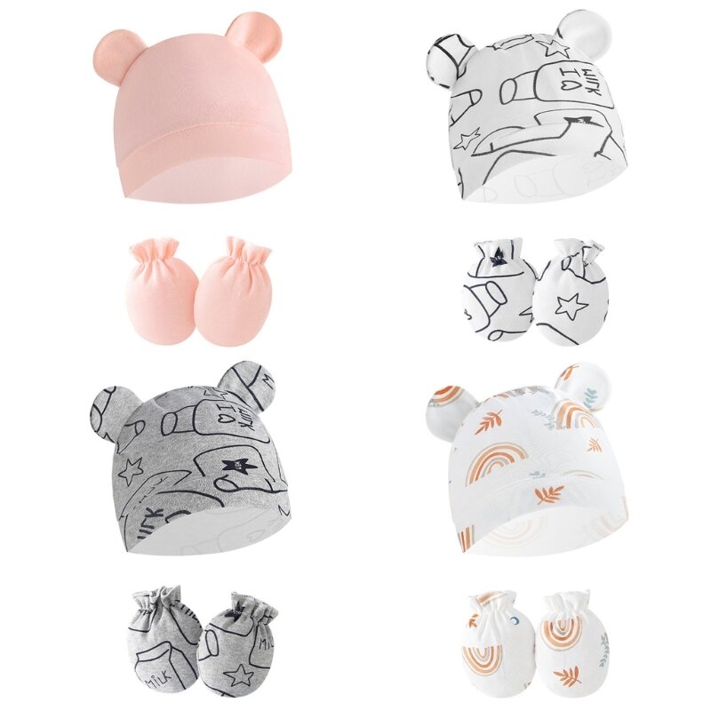 Ensemble de gants anti-rayures pour nouveau-né, bonnets chauds, bonnet pour bébé, housse de protection des mains, mitaines anti-grippage, 2 pièces