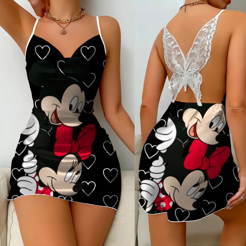 Gaun pesta rumah simpul pita rok piyama Minnie Mouse rok Disney Satin permukaan Mickey Wanita Mode Musim Panas 2024 wanita elegan
