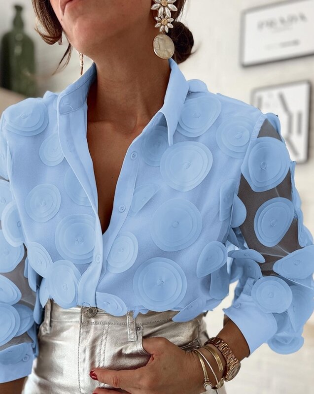 Women's Fashion Floral Pattern Long Sleeve Top Semi-Sheer Mesh Patch Design Women Casual Button Loose Elegant Blouses