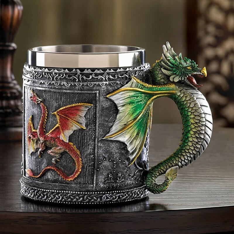 Taza de cerveza de dragón rugiente Medieval, sortija de cerveza vikinga, taza de café inoxidable, regalo para coleccionista de dragón