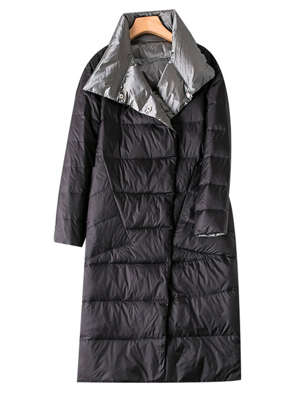 Fitaylor-따뜻한 양면 다운 롱 재킷 여성용, 터틀넥 화이트 덕 다운 코트 더블 브레스트 파카 스노우 아웃웨어, 겨울