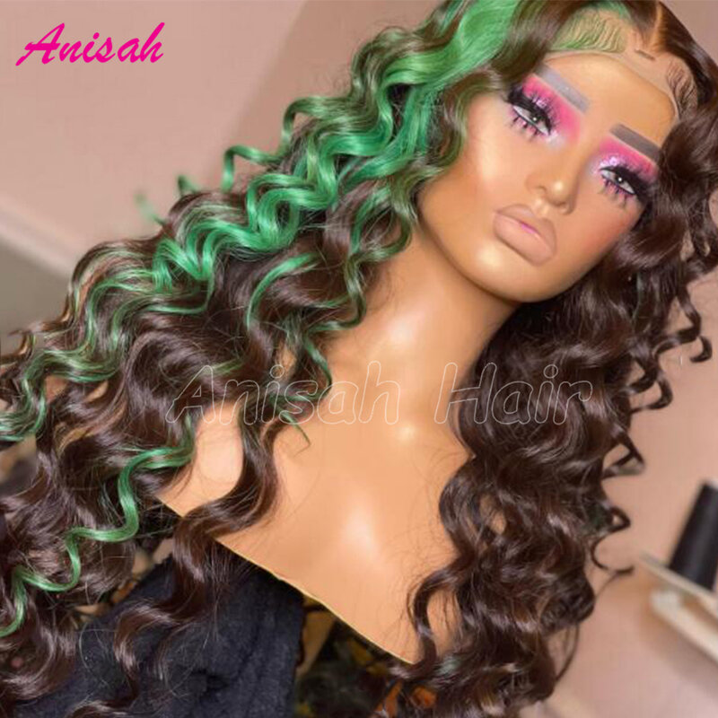 Virgin Hair Green Highlight Human Hair 13x6 Lace Front Wigs Loose Deep Wave Colored 13x4 Lace Frontal Human Hair Wigs for Women