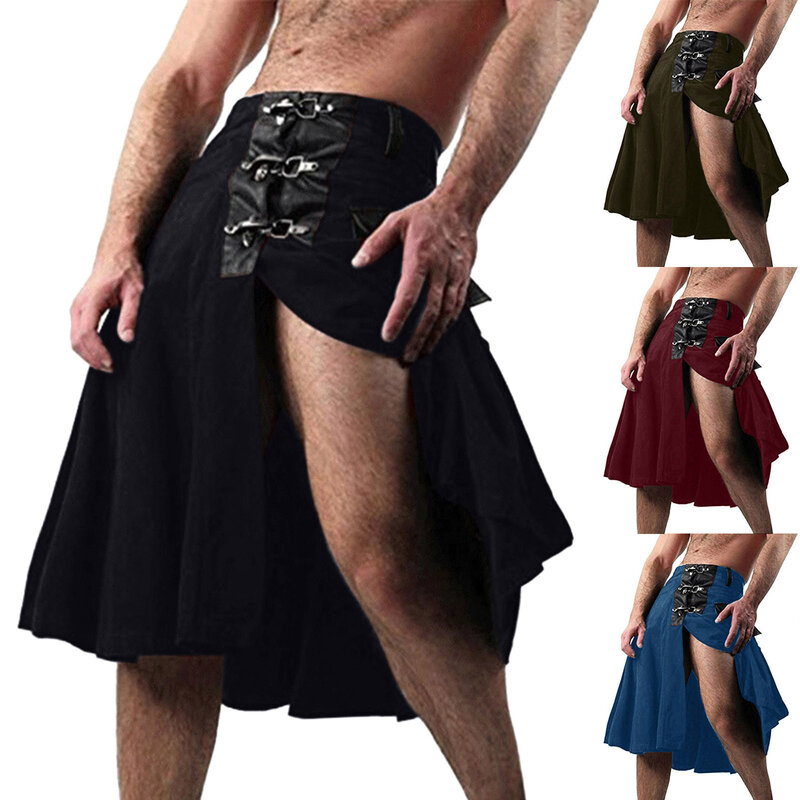 Falda escocesa de algodón y poliéster para hombre, prenda con cinturón y abertura lateral, estilo gótico oscuro, Hip Hop, Punk, Rock, traje nacional de cintura media