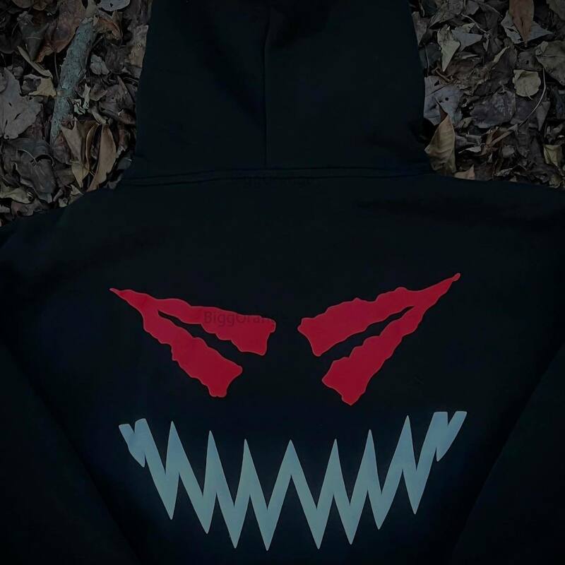 Devil Smiling Face Detail Printed Hoodie Made of Pure Cotton Autumn/Winter High Street Loose Sweater for Men and Women Harajuku