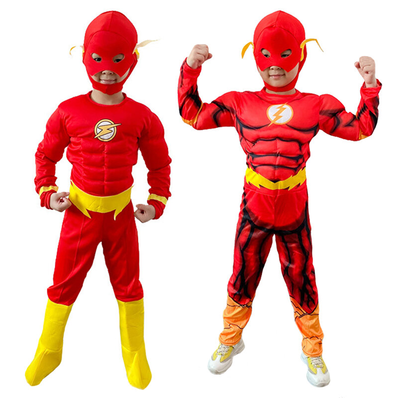 Kostum Flash Mewah Anak Laki-laki Kostum Flash Halloween Pesta Karnaval Film Anak-anak Kostum Cosplay Flash Sabuk Masker dengan Sepatu 3-12Y