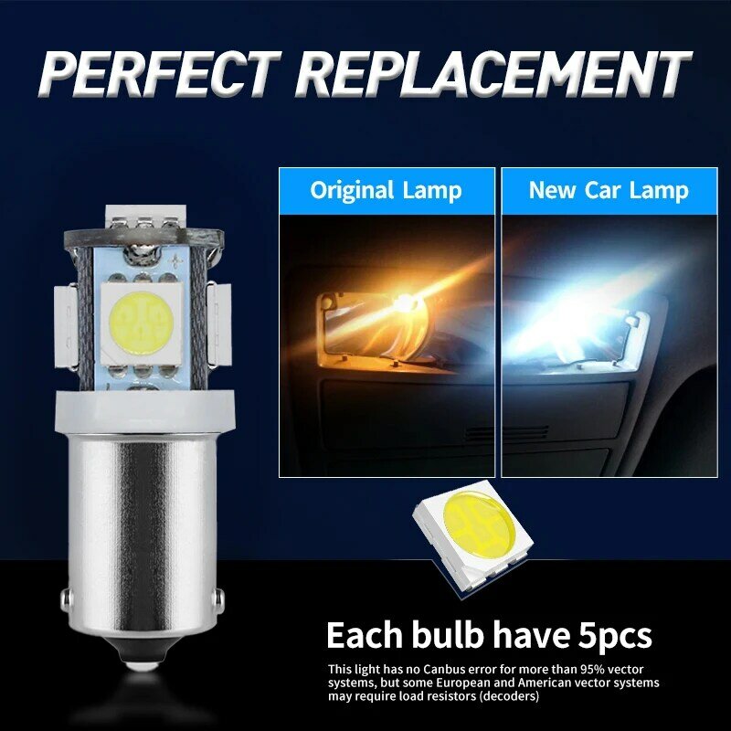 차량용 LED 램프 5050 5SMD 자동차 인테리어 조명 돔 지도 독서등 사이드 웨지 파커 전구, BA9S T10 T4W, 12V 24V 램프, 10 개