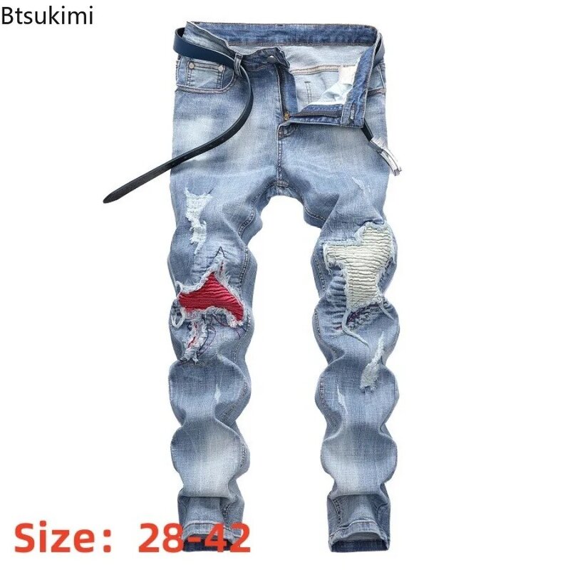 Jeans patchwork de motocicleta masculina, jeans de algodão, hip-hop fino, tamanho grande 28-42, estilo rua, tendência da moda, 2021