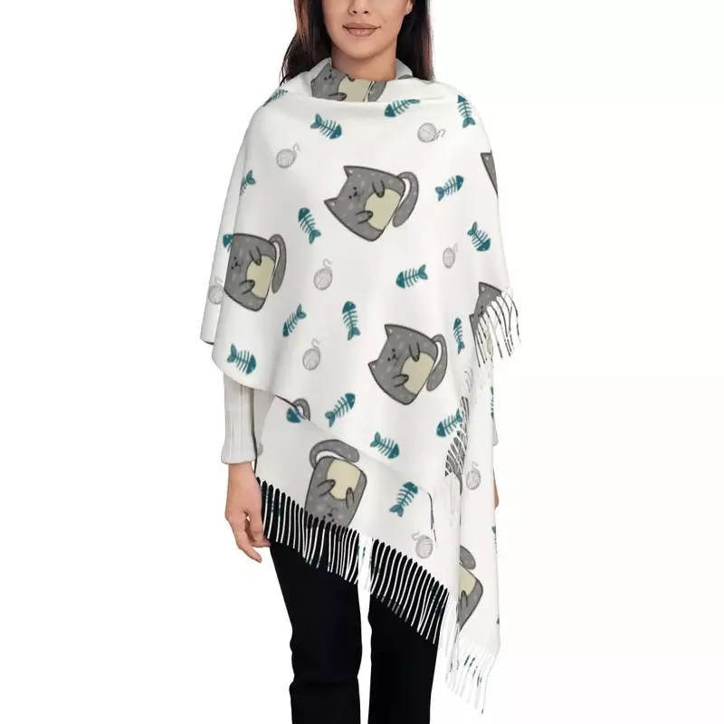 Chal de Pashmina para mujer, bufanda larga con flecos, gatos grises con peces
