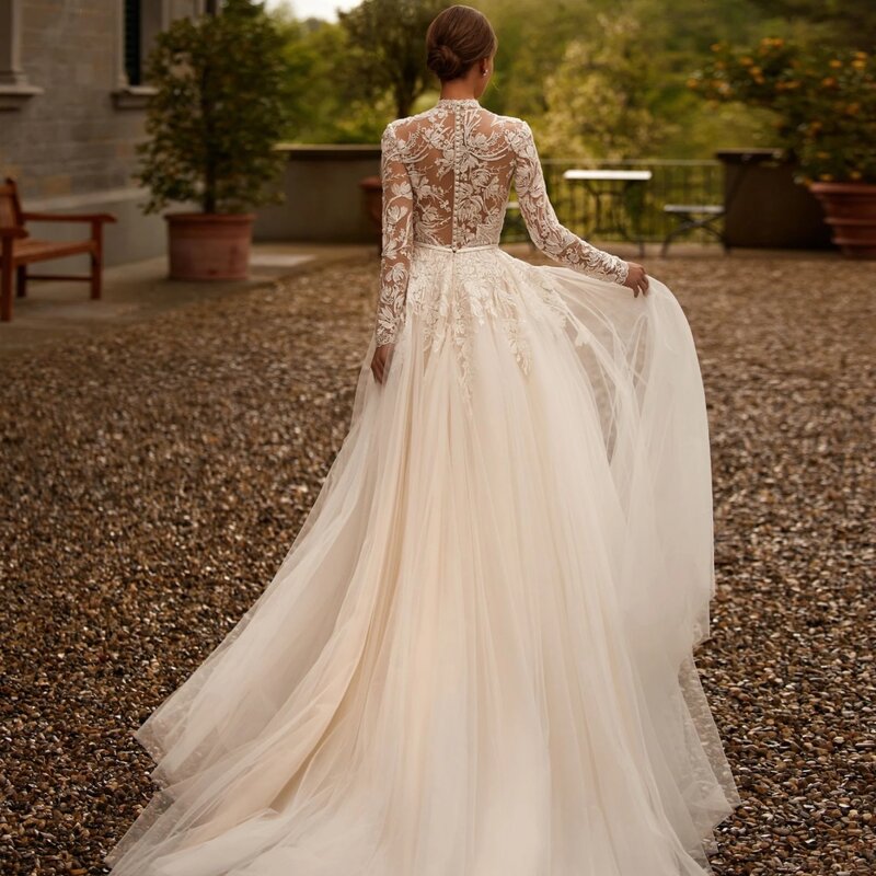 Apliques costurados à mão grânulos vestido de casamento, elegante vestido de noiva, modesto roupão de gola alta, vestido de noiva longo