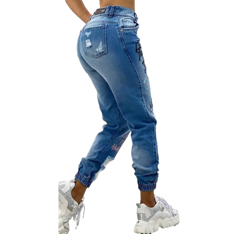 Carta impressão jeans rasgado para mulheres, bolso Slant, jeans casual, novo, 2024