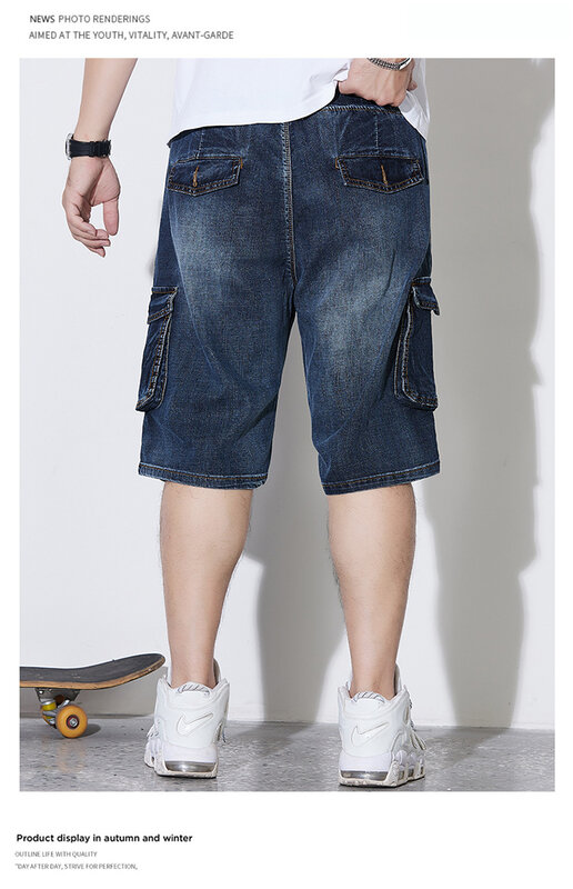 Letnie pięciominutowe spodnie męskie luźne spodenki jeansowe w dużych rozmiarach spodnie z wieloma kieszeniami fala odzież robocza bryczesy 48, 46, 8xl 7xl
