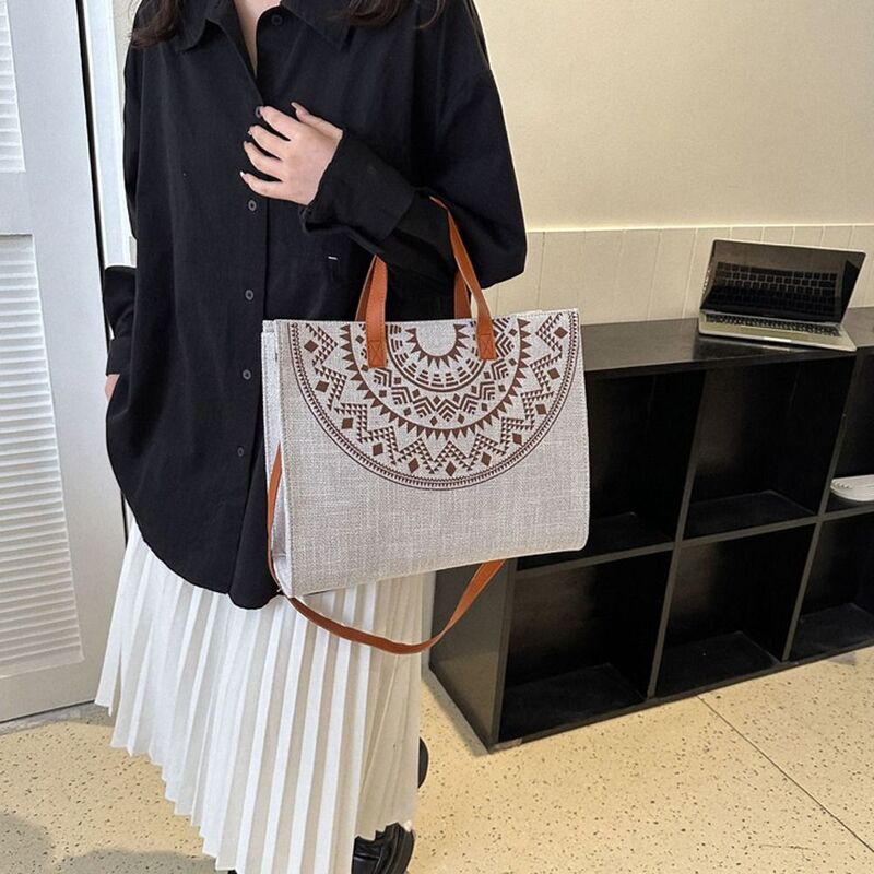 Холщовая Сумка-тоут в японском стиле, вместительная сумочка на плечо с цветочным принтом, универсальная многофункциональная полосатая уличная одежда