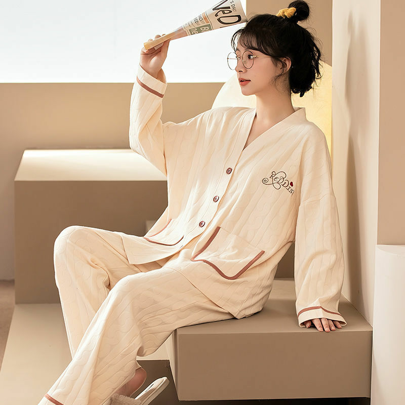 SUO & CHAO-Conjunto de pijama con estampado de dibujos animados para mujer, ropa de casa con cuello en V, Tops de manga larga, pantalones largos, camisón