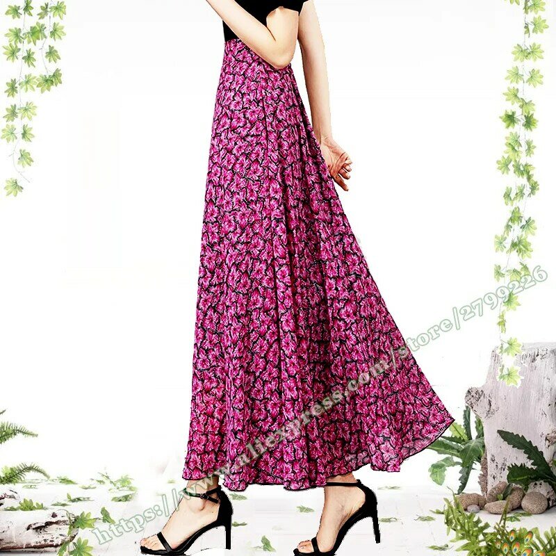Женская шифоновая юбка-трапеция, красная длинная юбка макси с цветочным принтом, лето 2024