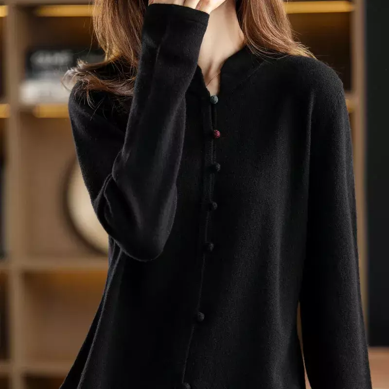 Maglione da donna con colletto rialzato autunno e inverno nuovo Cashmere Casual Knit Plus Size top 100% pura lana giacca femminile Cardigan