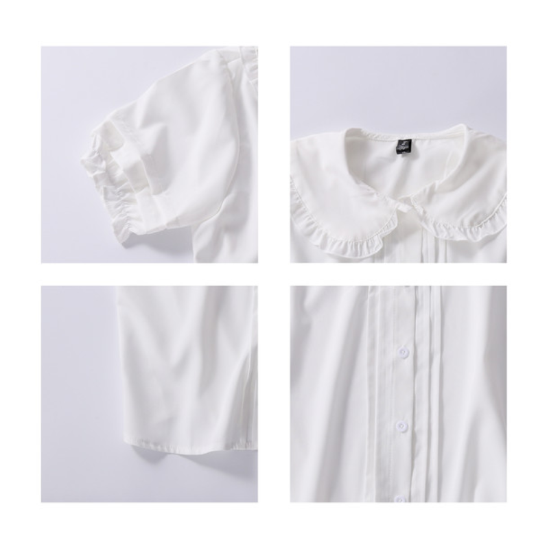 Белая рубашка HOUZHOU, Kawaii, с воротником Питер Пэн, в стиле преппи, женские милые топы с коротким рукавом и оборками, 2021, модная одежда