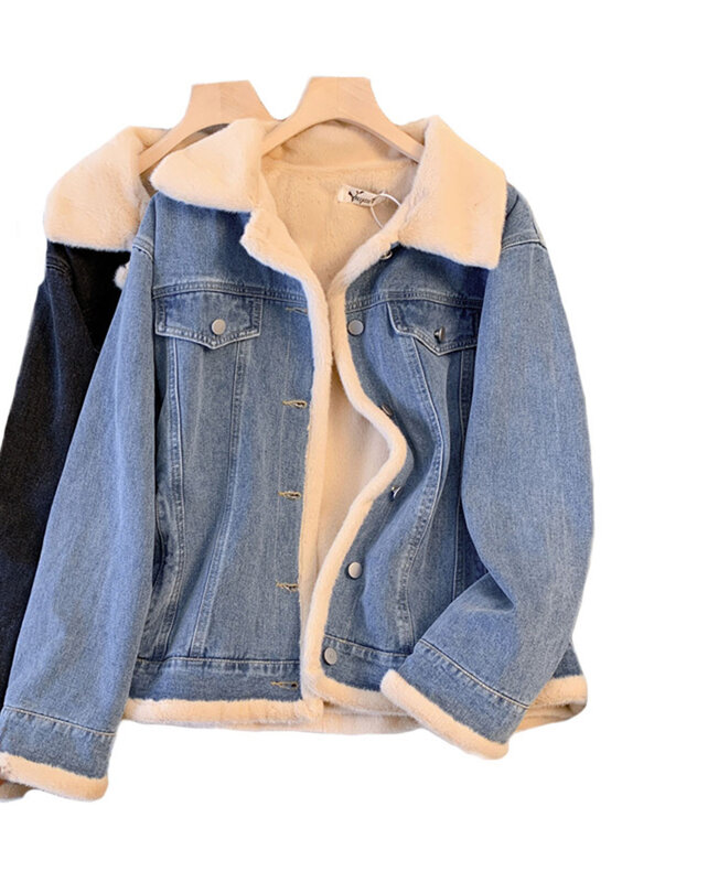 Утепленное джинсовое пальто большого размера, новинка 2023, Женская плюшевая однобортная куртка-поло с воротником, Повседневная модная теплая верхняя одежда