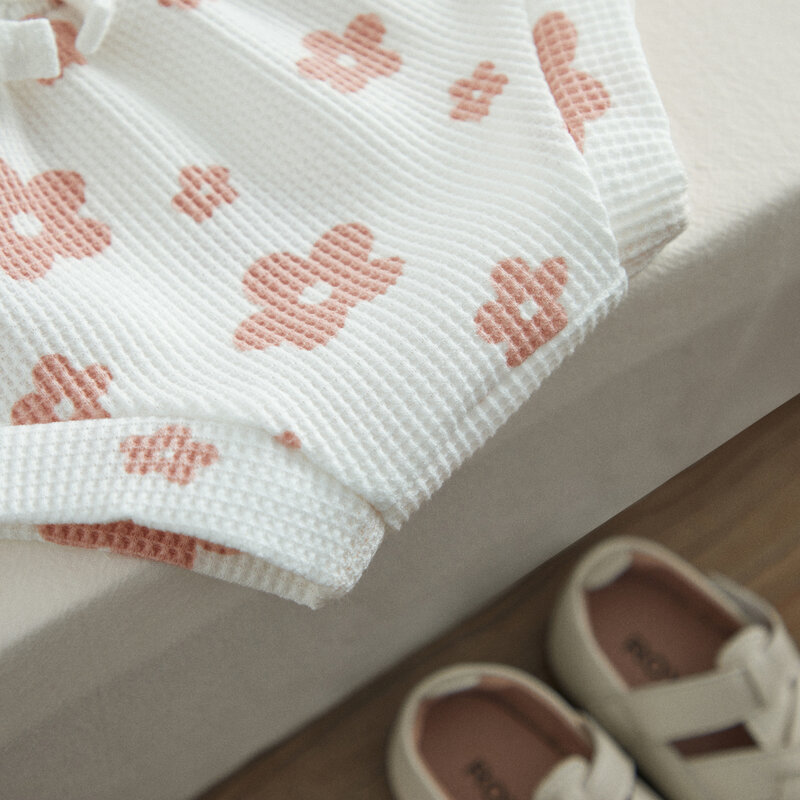 VISgogo 2 pezzi vestiti della neonata abiti estivi manica corta Waffle Knit stampa floreale t-shirt pantaloncini con coulisse 0-18 mesi Set