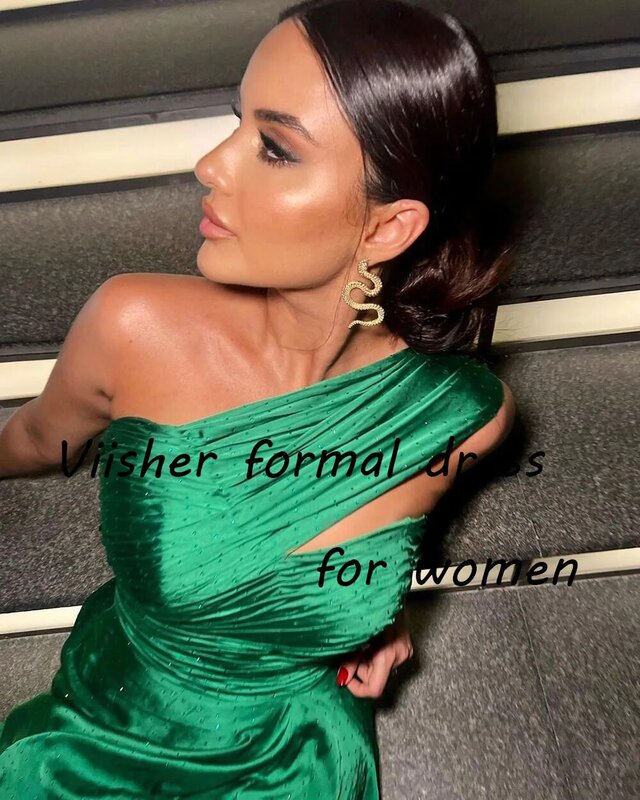Green Silk Satin One Shoulder Evening Dresses Pleats Strapless A Line Formal Prom Dress Floor Length Womens Evening Party Gowns