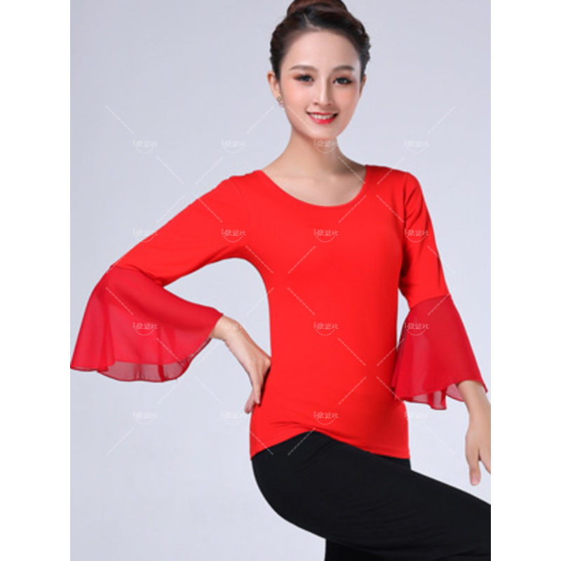 Flare Sleeve Adult Costume Halloween Women Dance Tops Wear Latin Slim Fit Waltz Modern Oriental Party Jazz Solid Color T-shirt