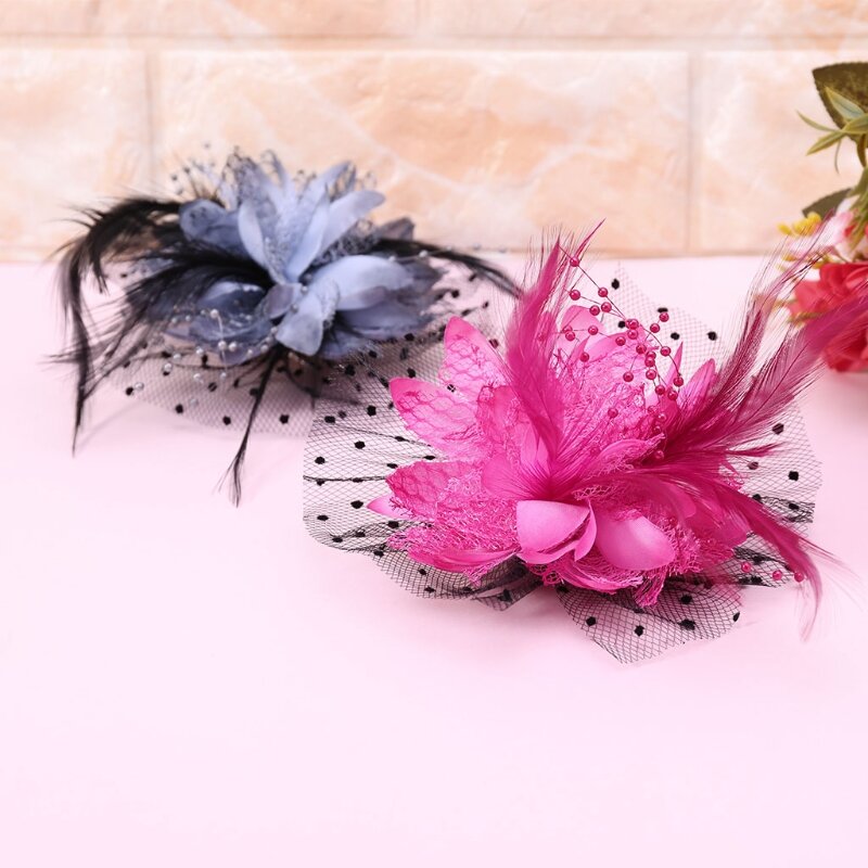 Sombreros fascinadores nupciales para mujer, velo de malla, gorro de flores con perla de plumas y Clip para el cabello, broche de fiesta de té de cóctel, Pin, cuñas