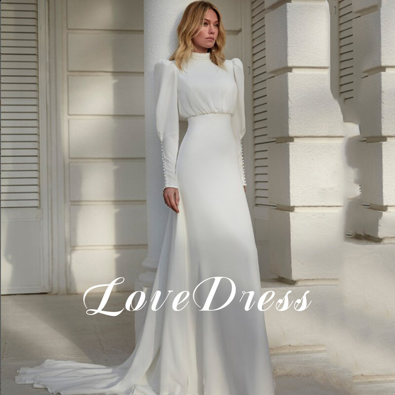 Nowoczesny wysoki dekolt biała szyfonowa suknia ślubna dla kobiet długi rękaw latarnia plisa elegancka pochwa suknia ślubna guziki Sweep Train