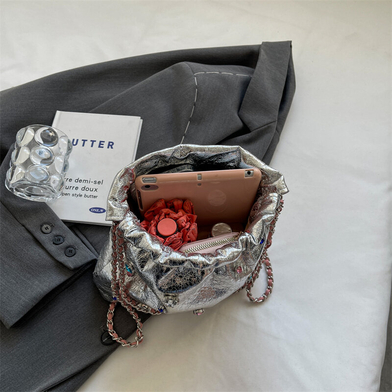 Srebrne skórzane torby Crossbody dla kobiet 2023 luksusowy projektant koreańskich modnych torebek z diamentami
