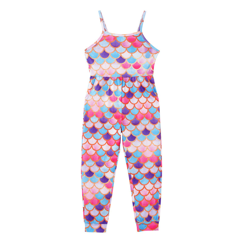Summer Kids Girls Printed Overalls Jumpsuit Casual Spaghetti Straps Sleeveless Playsuit Romper with Pockets Fashion Beachwear