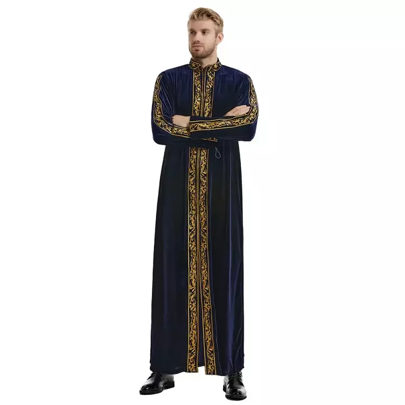 Robe musulmane à manches longues pour hommes, robe musulmane, velours doré, broderie, arabe, robe de prière islamique, costume national, noble, luxe, T