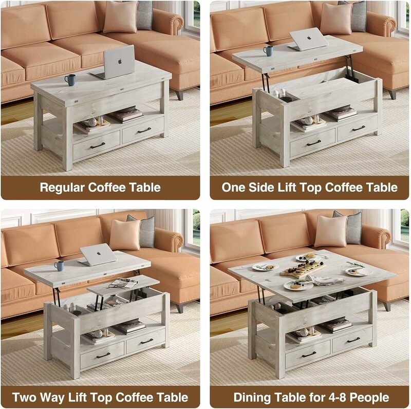 Rolanstar meja kopi atas, meja kopi Convertible multi-fungsi dengan laci dan kompartemen tersembunyi, penutup meja kopi