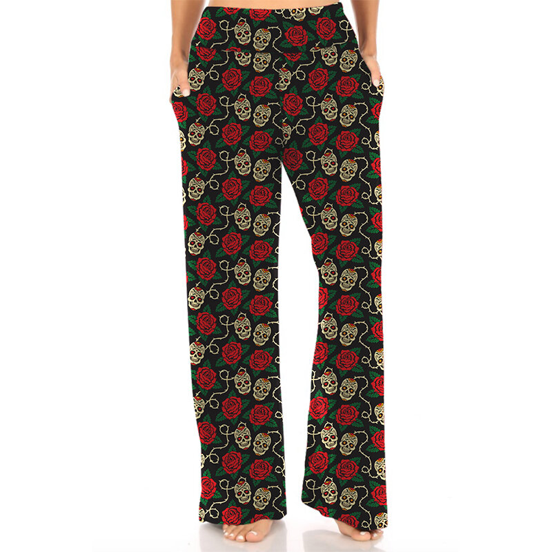 LETSFIND High Quaility Lounger Streetwear Women Skull and Flowers  Print Casual Pants  Fashion Loose Soft Stretch Girls  Pants