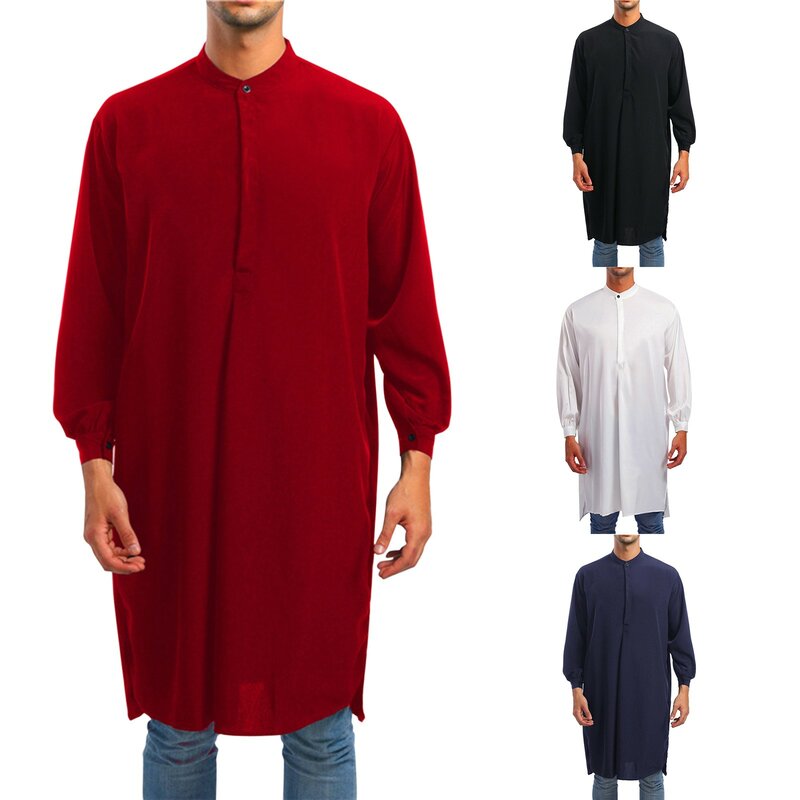 Muslim Men's Sleep Robes Solid Color Long Sleeve Cotton Nightgown O Neck Button Leisure Mens Comfort Bathrobes 2024 Eid Homewear