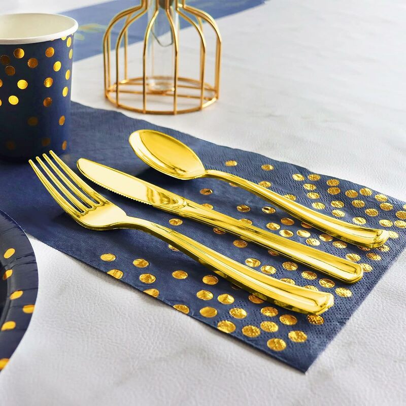 مجموعة أكواب للحفلات أطباق ورقية زرقاء مع نقاط ذهبية أزرق كحلي مستلزمات حفلات لحفلات استحمام الطفل ديكور حفلات الأعراس وأعياد الميلاد
