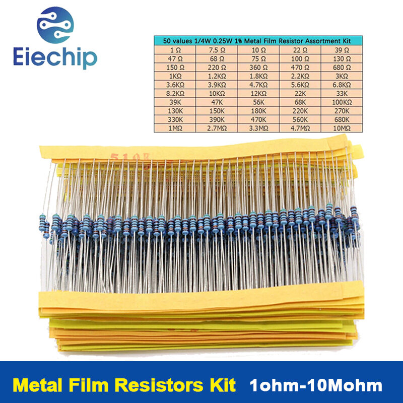 Jogo do jogo do sortimento do resistor do filme do metal, 1, 4W, 0.25W, 1% metal, 1R-10mR, 1ohm-10mohm, jogo das amostras do resistor, 50 valores