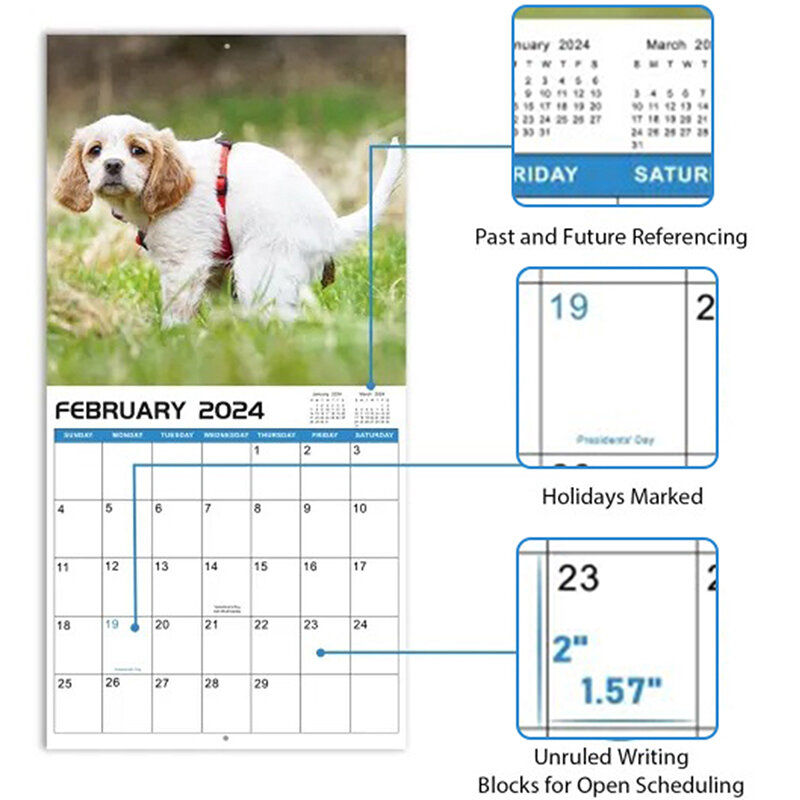 2024 kalender dinding 12 bulanan puoping anjing kalender anjing lucu hadiah Gag, gajah putih sempurna hadiah Natal