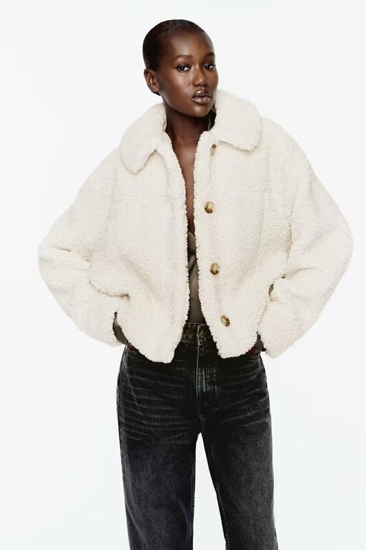 Traje de lana de cordero blanca para mujer, chaqueta cálida de invierno, elegante, ropa de trabajo de negocios, abrigo grueso para mujer de oficina