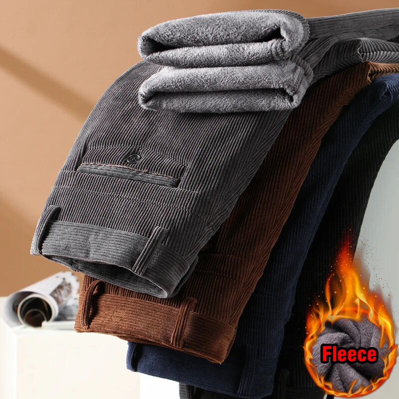 Men's Winter Fleece Corduroy Pants Business Fashion Classic Style Thick Warm Stretch Trousers Male Brand Clothing