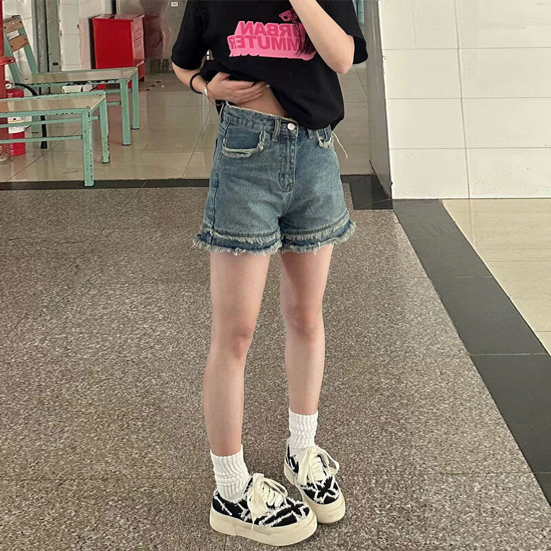 American retro tide cool denim shorts female spring 2024 new explosion models high-waisted thin wide-legged five-minute pants