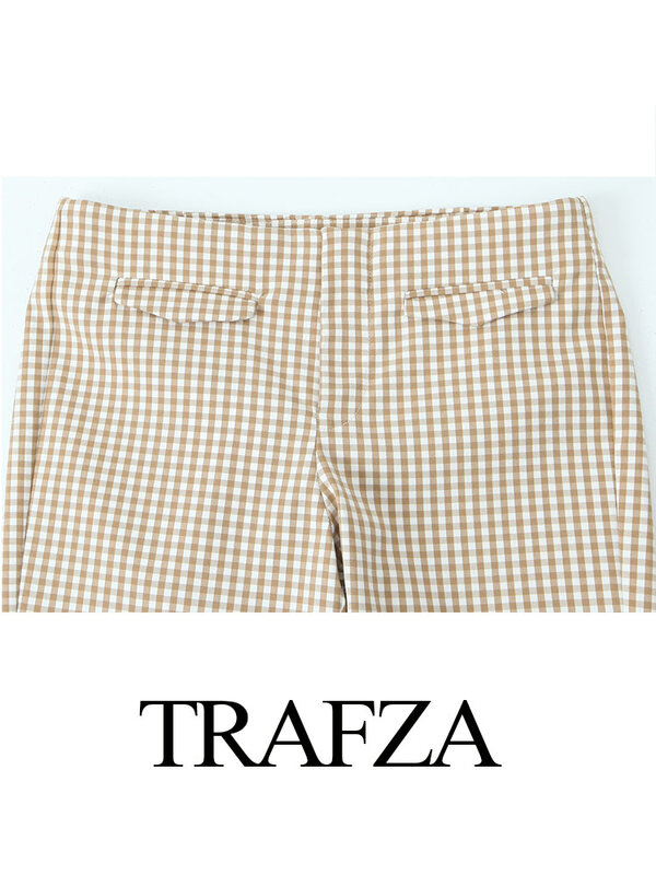 Женский клетчатый костюм TRAFZA, короткий топ без рукавов с отложным воротником и открытой спиной на шнуровке и брюки до колена со средней талией и карманами