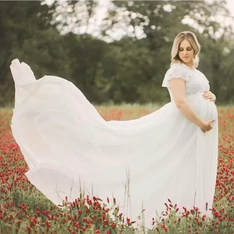 Nowa koronkowa szyfonowa sukienka ciążowa kobiety w ciąży ciąża wiosna jesień suknia Maxi fotografia rekwizyt prześwitująca odzież
