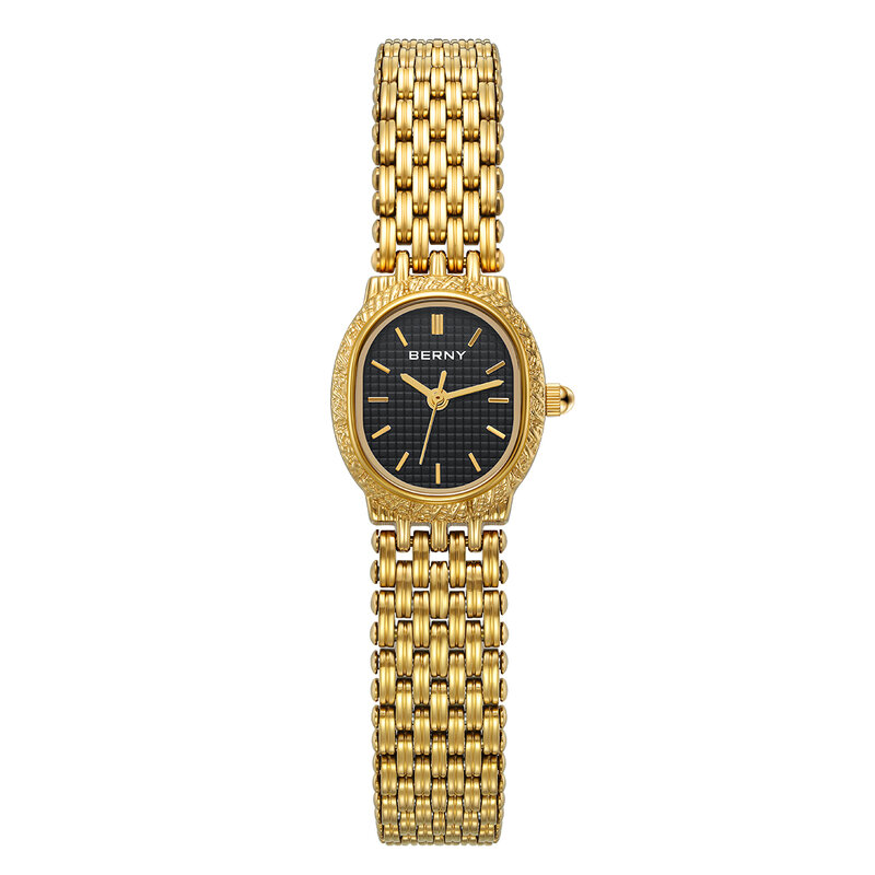 BERNY jam tangan wanita, jam tangan perempuan Retro sederhana tahan air elips mewah tali baja tahan karat emas Quartz
