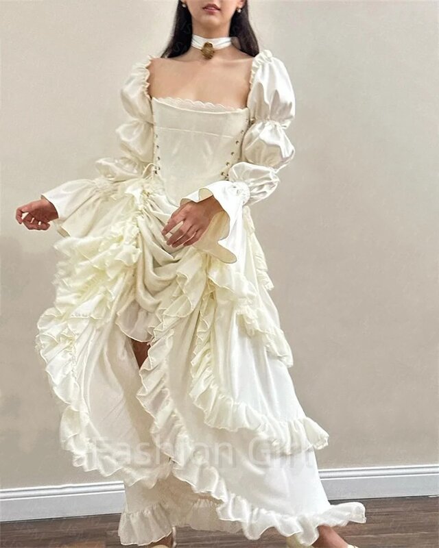Elegant White Long Sleeves Ruffles Prom Gowns Vestidos Pleated Asymmetrical Strapless Formal Occasion Dresses Detachable Sleeves