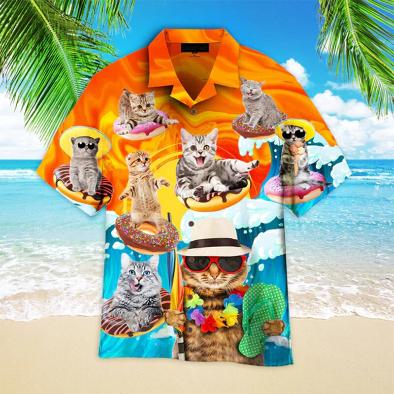 Baju pria desainer pakaian kucing lucu kemeja cetak 3D kebesaran Musim Panas 2024 liburan Hawaii pantai Harajuku Camisa Masculino