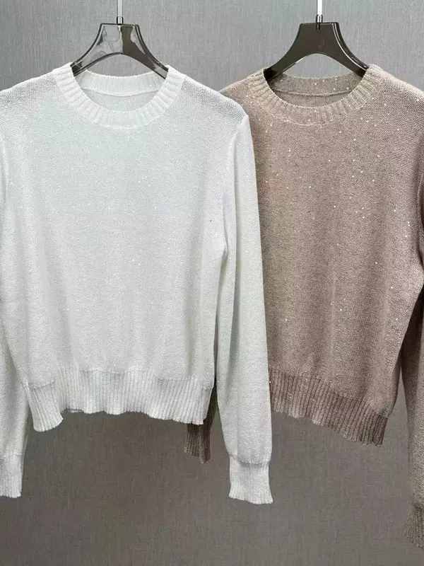 Maglione lavorato a maglia da donna 2024 nuove miscele di lino maglione Casual a maniche lunghe con paillettes tinta unita