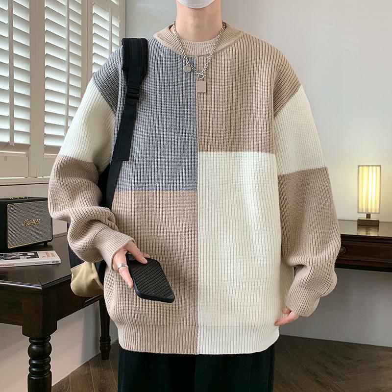 New Fashion Youthful Vitality Mens Turtleneck Sweater Autumn Winter Loose Casual Knitted Pullovers Warm Patchwork Knitwear C96