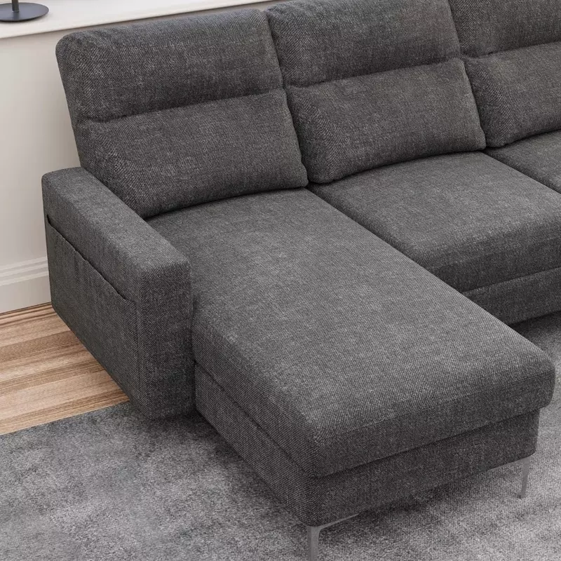 Sofá secional em forma de U com tecido removível, sofá 4 lugares, pernas de metal, sala, cinza escuro