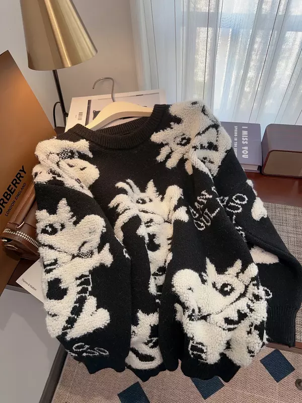 Chiński haft smoka sweter damski męski dzianiny Oversize, jesienny zimowe swetry z kreskówek Streetwear dla 2024 sweter Sueter