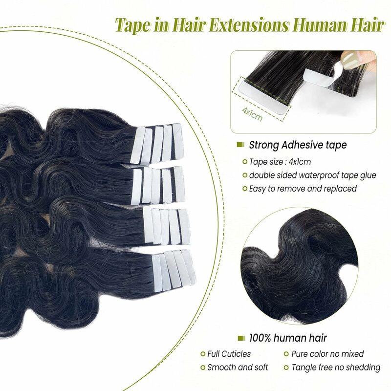Extensões naturais do cabelo preto para mulheres negras, fita no cabelo, cabelo humano real, trama da pele do corpo, 50g, 20 Pcs